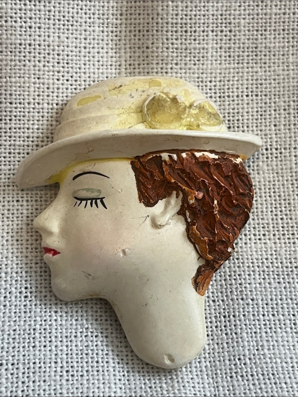 Vintage Cream and Yellow Hat Woman Brooch - Fashion Accessory
